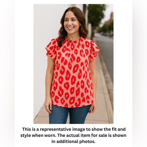 Dress Up Pink Leopard Ruffle Mock Neck Flutter Sleeve Top L Travel Cruise NWOT - Picture 8 of 9